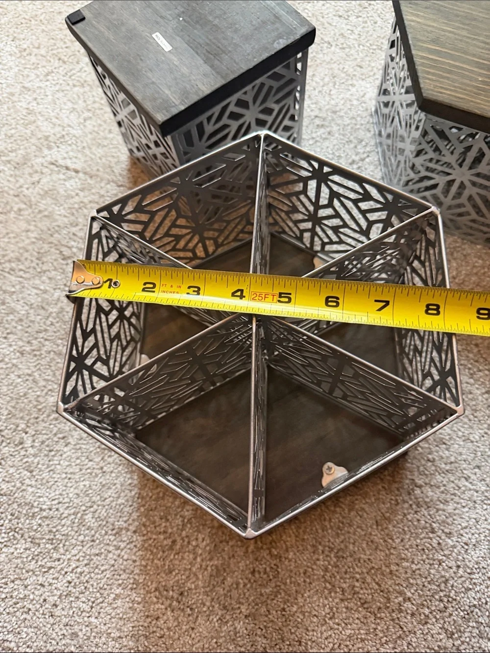 Decorative Hexagonal Metal Organizer Set in Silver. Set of 4. Wood bottoms.